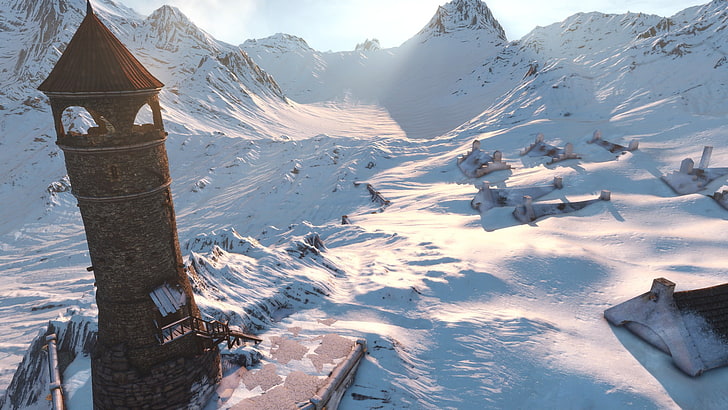 brown watchtower with snow, The Witcher, video games, cold temperature