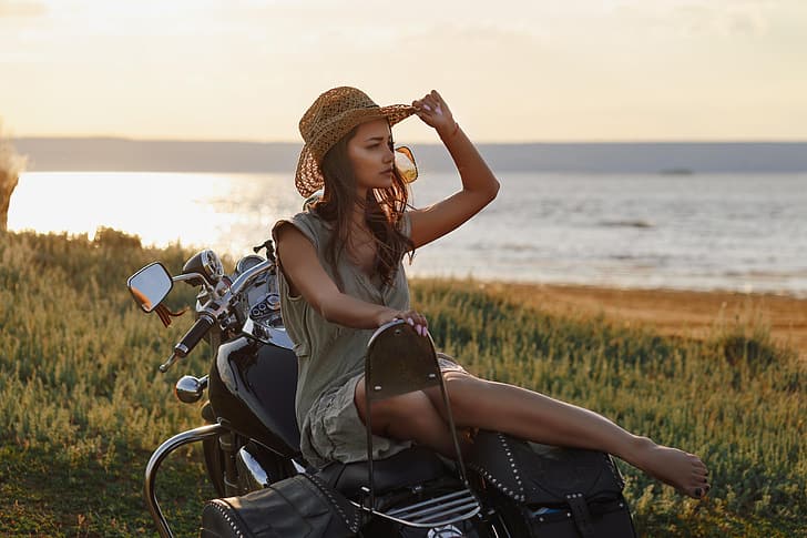 water, girl, pose, hand, hat, motorcycle, bike, leg, Leonid Mochulsky, HD wallpaper