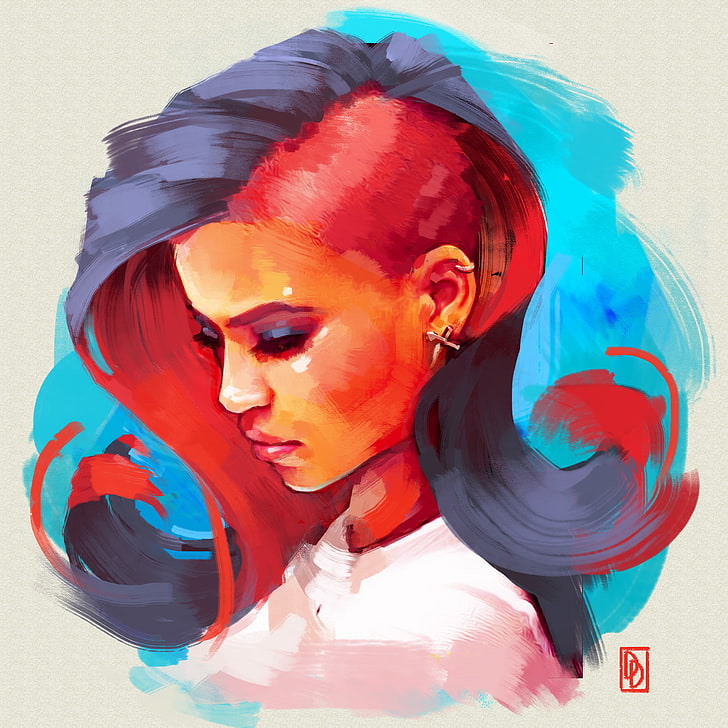 women, face, painting, concept art, redhead, Damian Dinev, art and craft