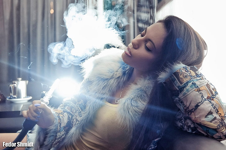 woman smoking on couch, women, model, backlighting, Hookah, brunette