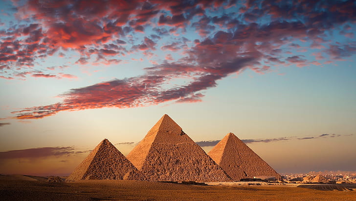 sky, clouds, city, pyramid, sunset, Pyramids of Giza, Cairo, HD wallpaper