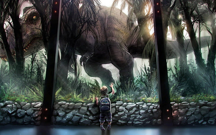 boy standing near dinosaur digital wallpaper, dinosaurs, Jurassic World, HD wallpaper