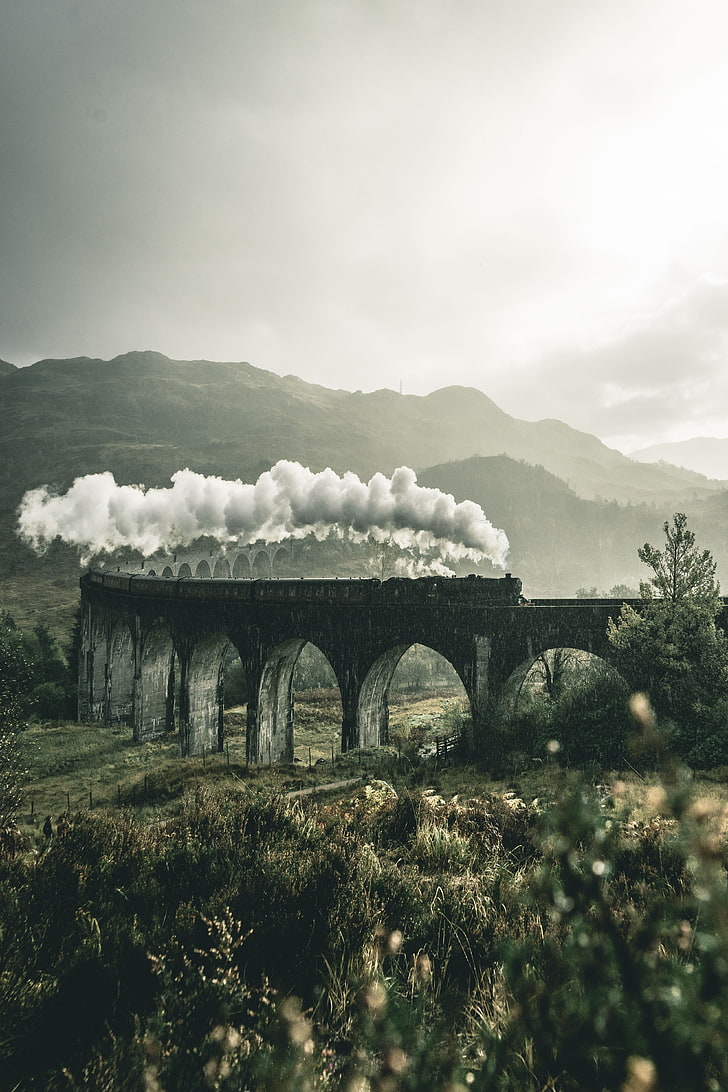 running train on bridge, railway, mountains, smoke, glenfinnan viaduct