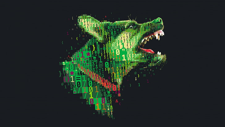 binary dog illustration, digital art, numbers, skull and bones
