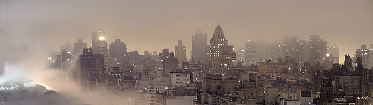 city building structures, multiple display, mist, cityscape, architecture