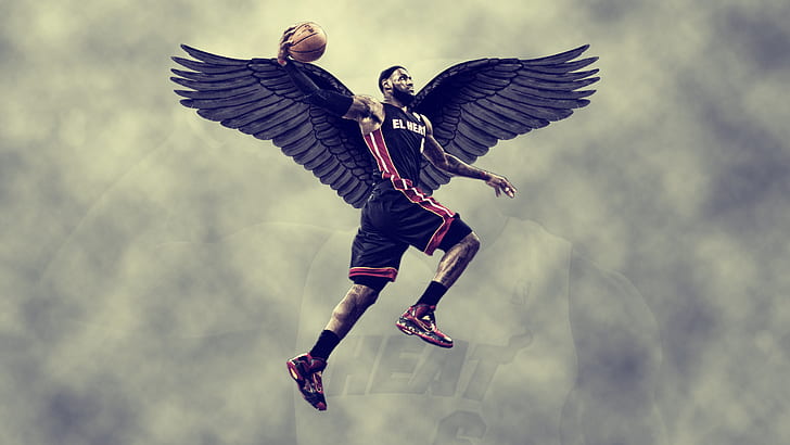 wings, basketball, sky, miami heat, lebron James, HD wallpaper