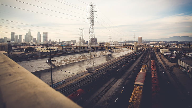 railway, train, power lines, Los Angeles, urban, cityscape