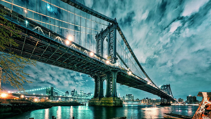 manhattan, manhattan bridge, architecture, new york, city, night, lights, water, cityscape, HD wallpaper