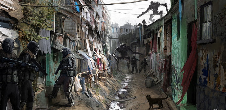 untitled, artwork, futuristic, Filip Dudek, mech, slum, alleyway, HD wallpaper