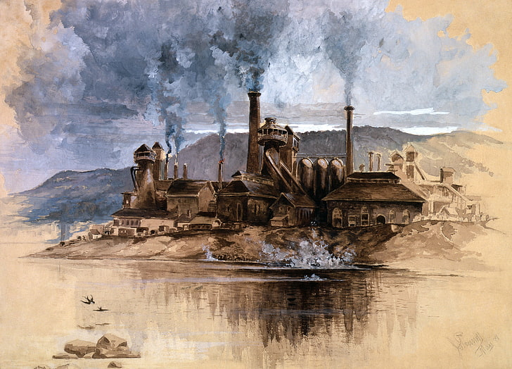 painting of brown house, architecture, building, artwork, factories
