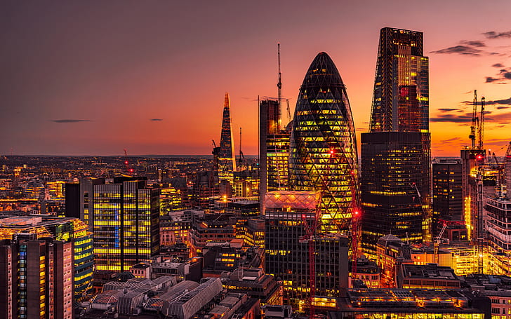 sunset, England, London, building, panorama, night city, skyscrapers, HD wallpaper