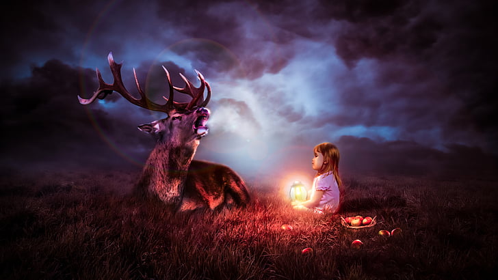 fantasy art, rawat, hope, cute, girl, light, reindeer, artwork, HD wallpaper
