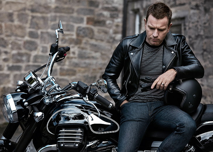 black, jeans, jacket, motorcycle, actor, gloves, helmet, biker, HD wallpaper