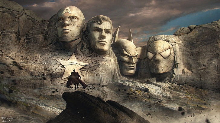 Mount Rushmore with Captain America, Superman, Batman, and Spider-Man face carved wallpaper, Batman, Captain America, Superman, and Spider-Man wallpaper