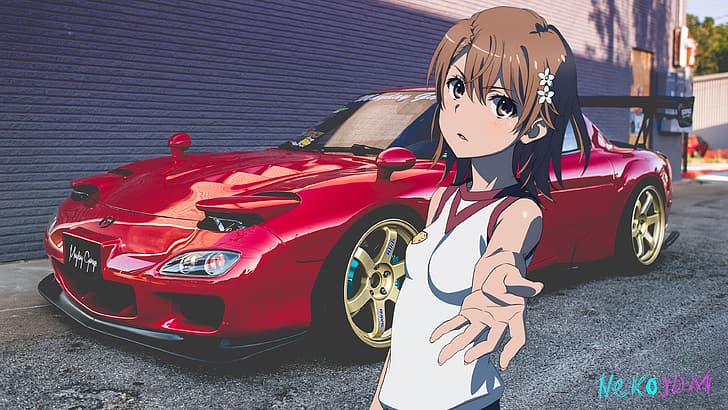 car, Mazda, rx7, Mazda RX-7, anime girls, Misaka Mikoto, To Aru Kagaku no Railgun