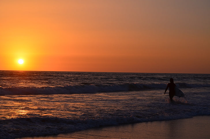 surfing, sunset, waves, Ozean, sea, sky, water, horizon, horizon over water, HD wallpaper