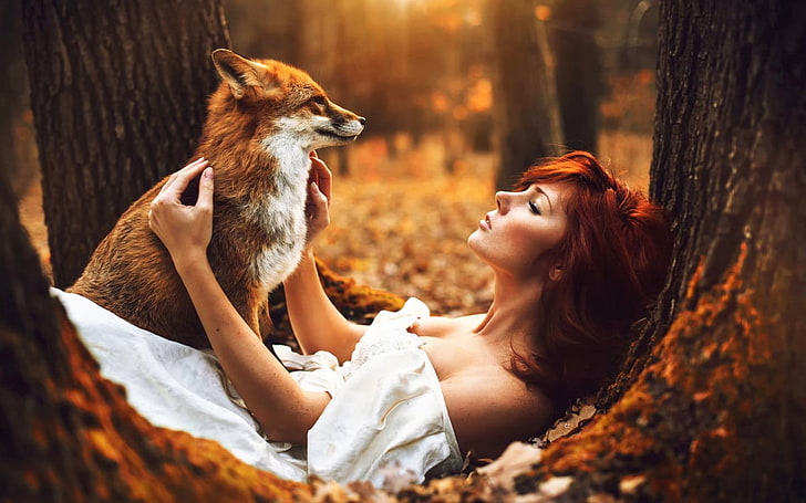 brown and white fox, woman lying on tree trunk with red fox, women