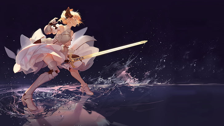 Fate Stay Night Saber digital wallpaper, anime Fate character in white dress holding a sword