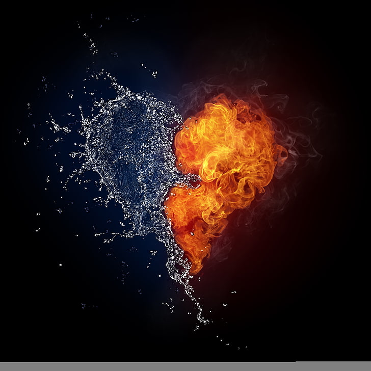 water and fire heart wallpaper, BACKGROUND, DROPS, SMOKE, LIQUID, HD wallpaper