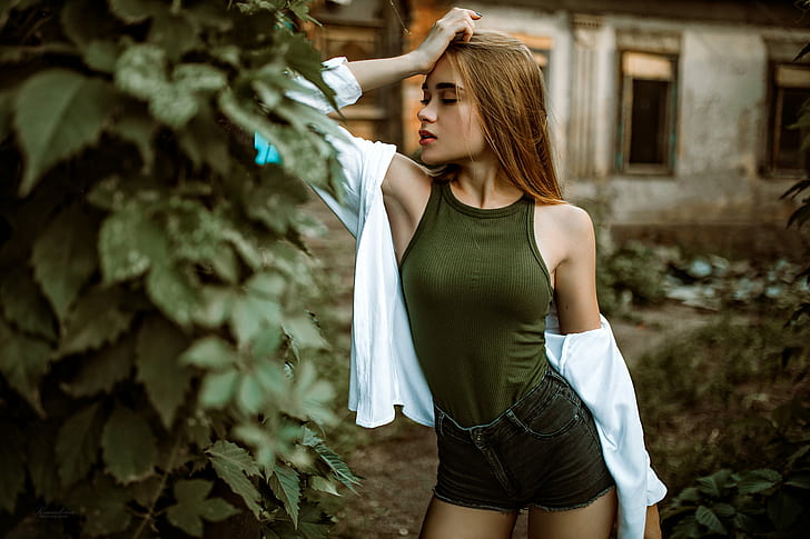 Olga Kanaykina, blonde, jean shorts, bodysuit, bare shoulders, HD wallpaper