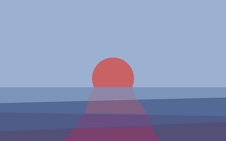 sunset and blue body of water painting, orange and gray illustration