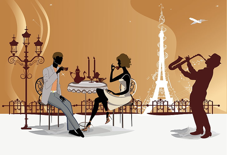 tea time in Paris illustration, Cafe, Eiffel tower, full length