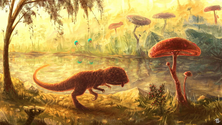brown t-rex and mushroom 3D wallpaper, digital art, fantasy art