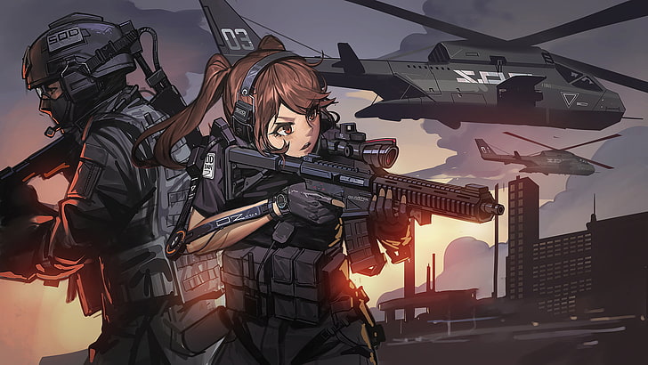 helicopters, gun, Exoskeleton, military, Black Soldier, girls with guns