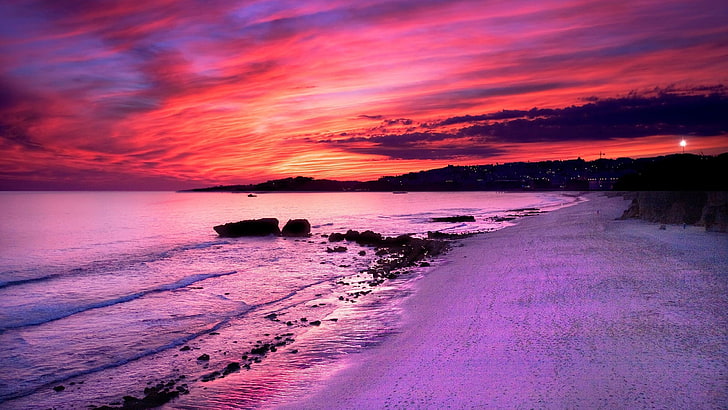 purple, sunset, sea, shore, evening, coast, purple sunset, purple sky, HD wallpaper