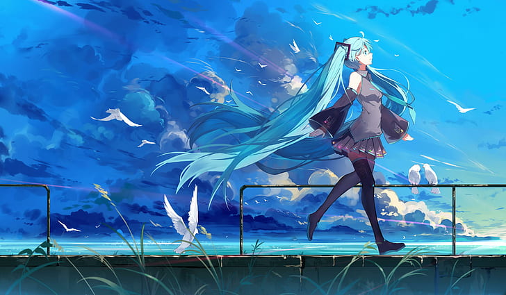 Vocaloid, Hatsune Miku, blue, blue hair, fan art, landscape, HD wallpaper