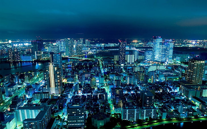 blue building lights, Japan, city lights, night, cityscape, cyan, HD wallpaper