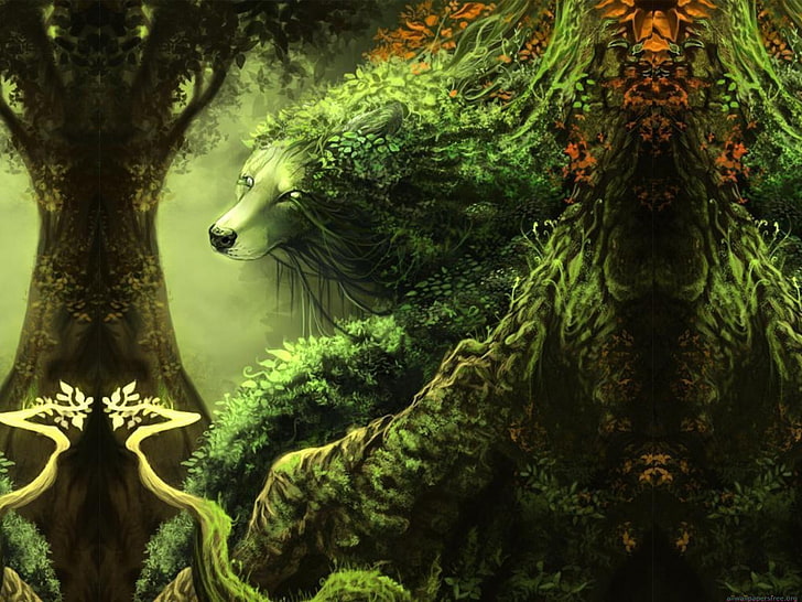 green monster tree painting, fantasy art, animals, artwork, plant