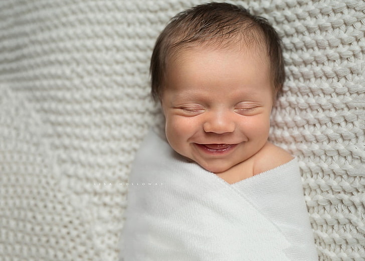 baby's white swaddle blanket, photography, happy, childhood, innocence