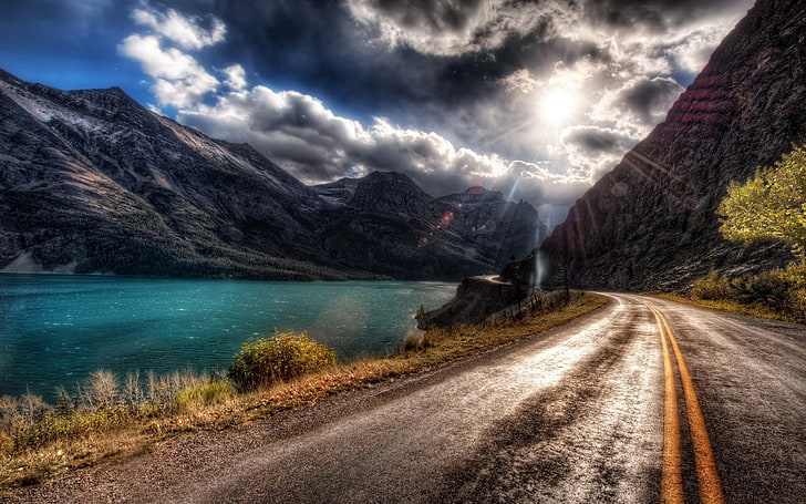 asphalt road, nature, landscape, lake, sky, mountains, cloud - sky, HD wallpaper