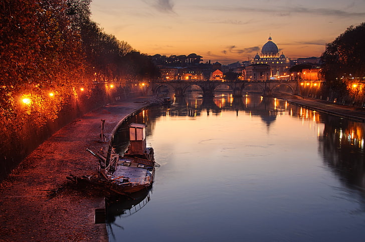the sky, clouds, sunset, reflection, lamp, boat, mirror, Rome