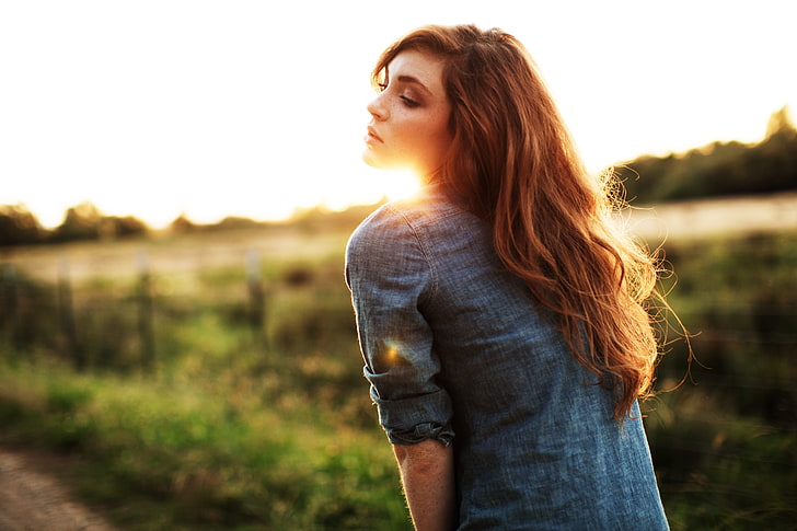 women's blue top, sunlight, long hair, shirt, redhead, freckles
