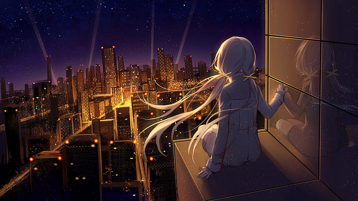 city, city lights, sitting, reflection, night, stars, anime girls