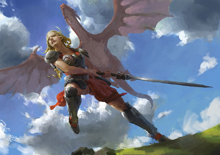 woman wearing armor holding sword painting, fantasy art, dragon