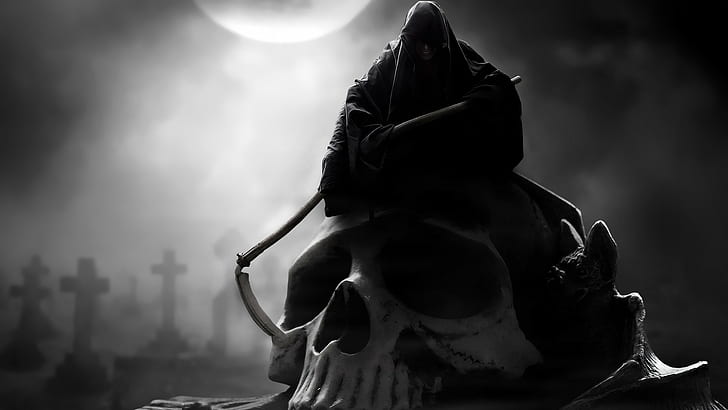 death, Grim Reaper, skull, monochrome, fantasy art, HD wallpaper