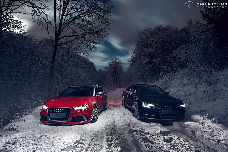 two black and red Audi cars, vehicle, Audi RS6 Avant, Audi A8