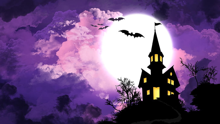 halloween, night, bat, castle, moon, sky, purple, haunted house, HD wallpaper