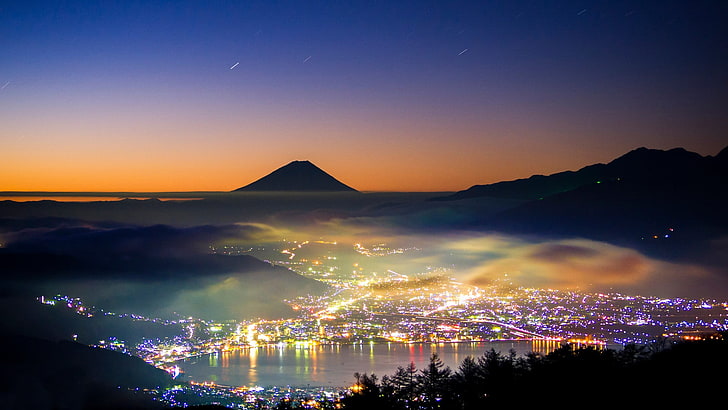 city skyline painting, nature, landscape, mountains, Mount Fuji, HD wallpaper