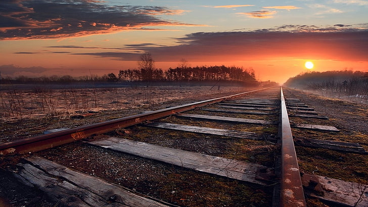sunset, track, sky, horizon, railroad, cloud, nature, landscape, HD wallpaper