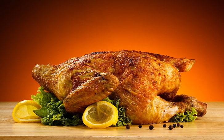Roasted Chicken, roasted chicken, Nature, Food, table, lemons, HD wallpaper