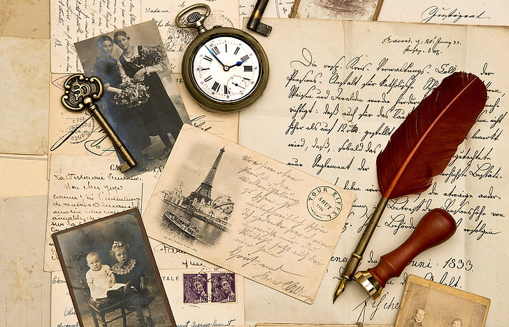 gold-colored pocket watch, pen, key, Sepia, photos, vintage, old paper, HD wallpaper