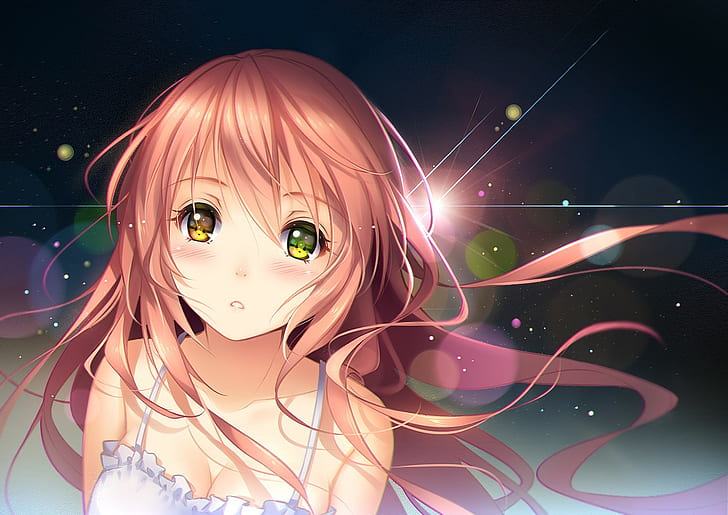 anime anime girls pink hair heterochromia original characters tidsean blushing, HD wallpaper