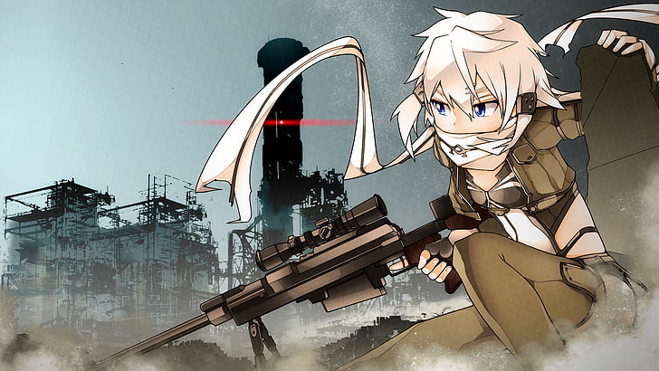 female anime holding rifle wallpaper, Sword Art Online, Gun Gale Online