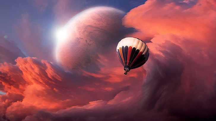 white and red hot air balloon, sky, clouds, flight, moon, flying