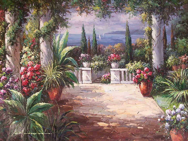 Morning Awakening, flower garden painting, view, eden, courtyard