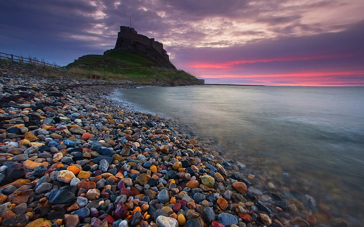 assorted stones, castle, ancient, beach, England, sea, sunset, HD wallpaper